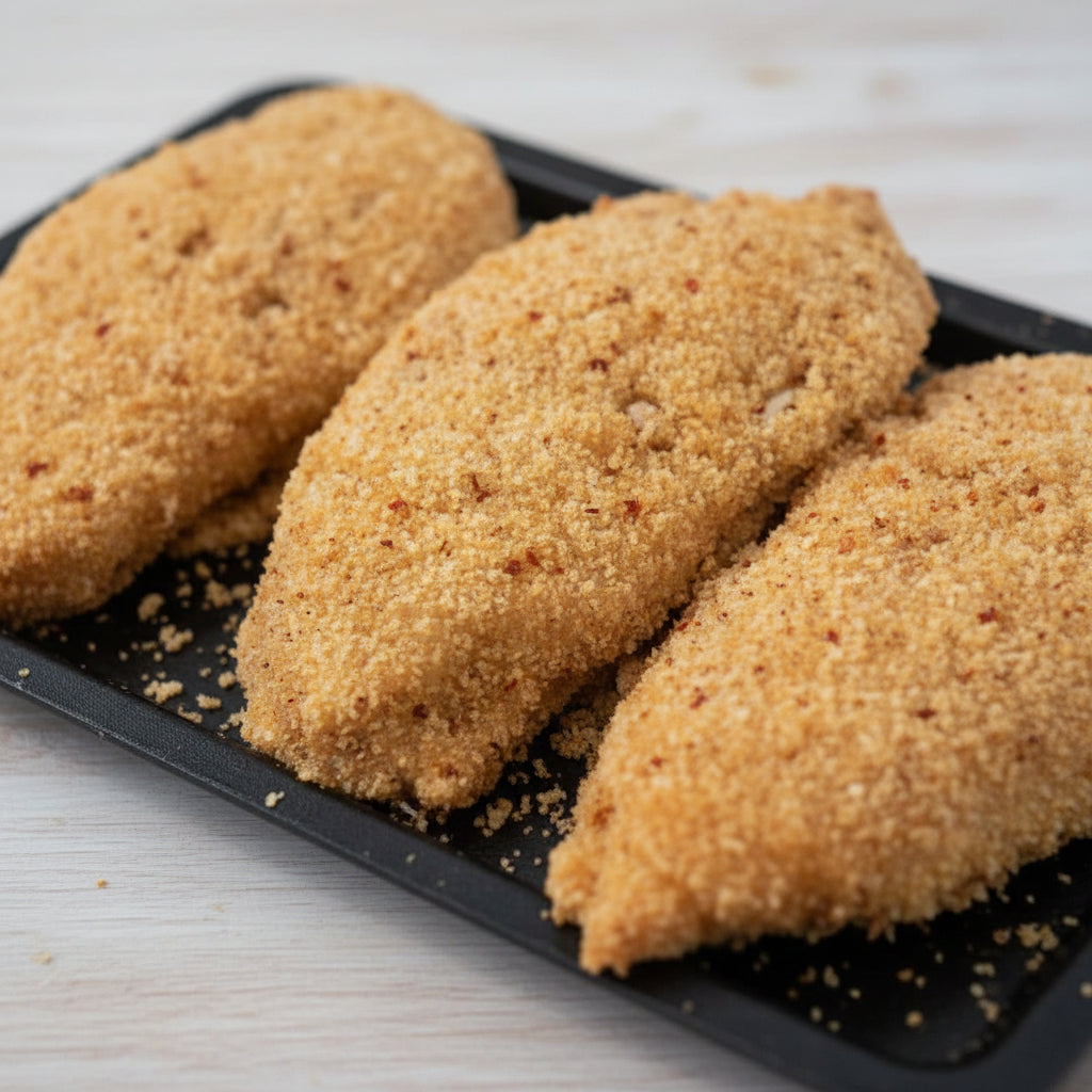 Three breaded chicken schnitzel in a black plastic tray on a white surface.