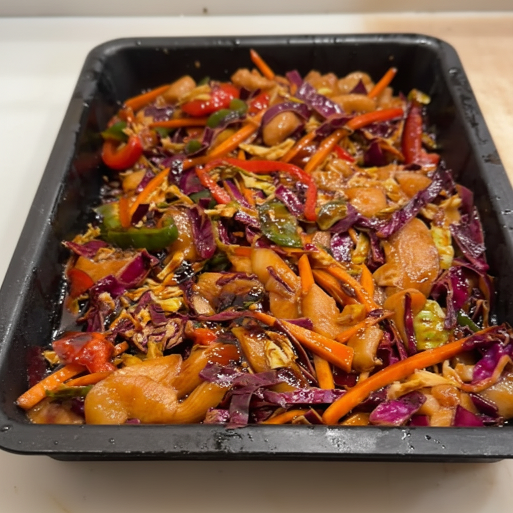 A black plastic tray filled with chicken stir fry mixed with shredded purple cabbage, carrots, and peppers, available at Robina Quality Meats